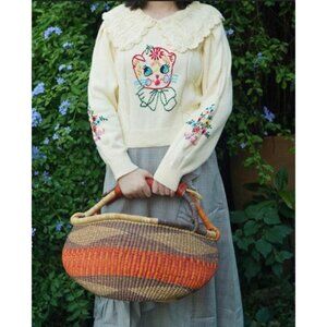 Unlogical Poem Peter Pan Knit Embroidery Cat Women's Frill Sweater Floral 36/M